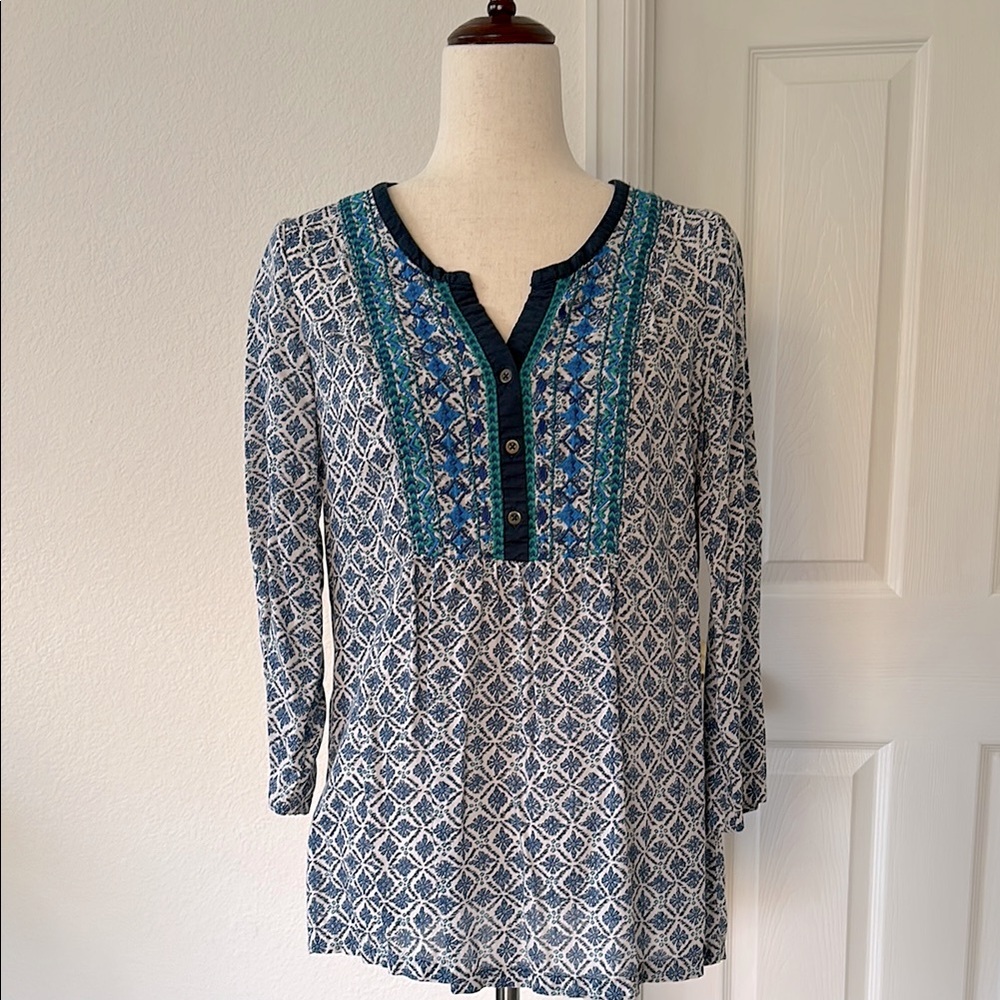 Lucky Brand Blue Woodblock Print Blouse S
